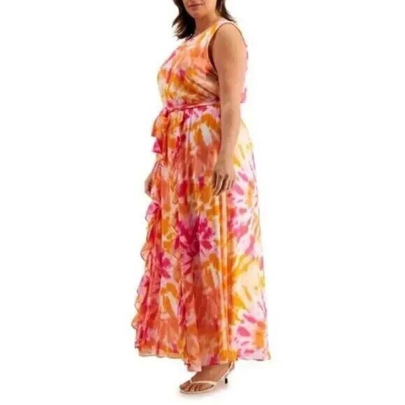 CALVIN KLEIN Tie Dye Chiffon Maxi Dress Women Large Orange Pink Tie Waist Ruffle - Picture 1 of 13